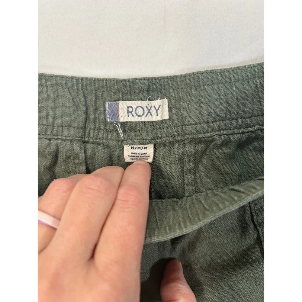 Roxy Boho Women Olive Green Linen Blend Drawstring Shorts Sz Med Pocketed Beach